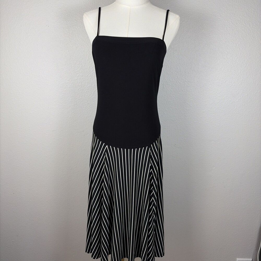 Vintage Joseph Ribkoff Drop Waist Dress US 6 Strappy Stripe Black White Stretch